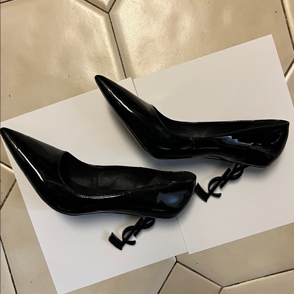 Saint Laurent Black Patent Leather YSL Logo Heels